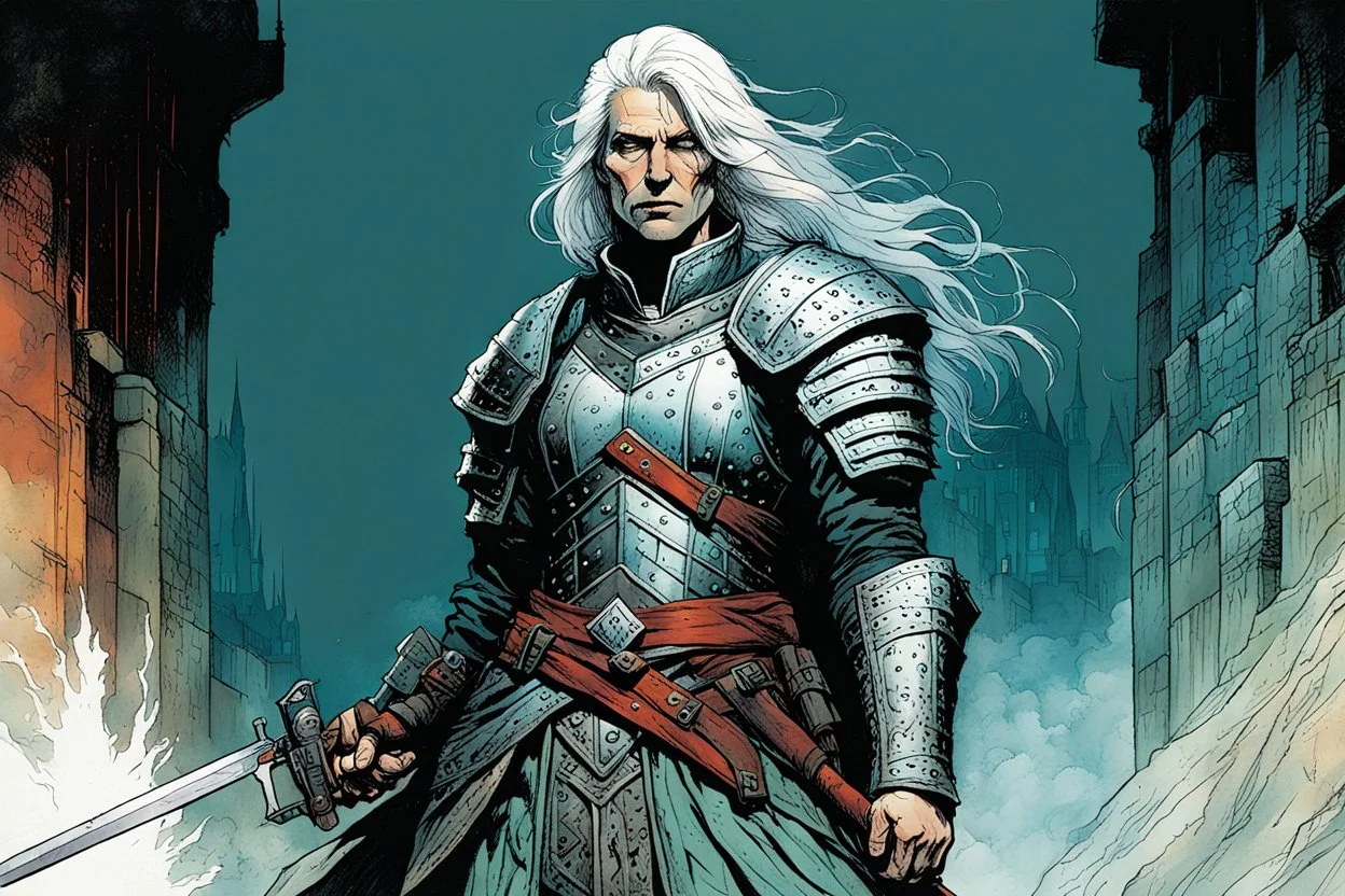 create an imaginative full body print illustration of an ethereal, otherworldly haggard, scarred, and grim, ghost haired, female grandmaster Witcher in Kaer Morhen armor , in the comic book art style of Bill Sienkiewicz, Mike Mignola, and Jean Giraud Moebius, with highly detailed feminine facial features , finely drawn, colored and inked,