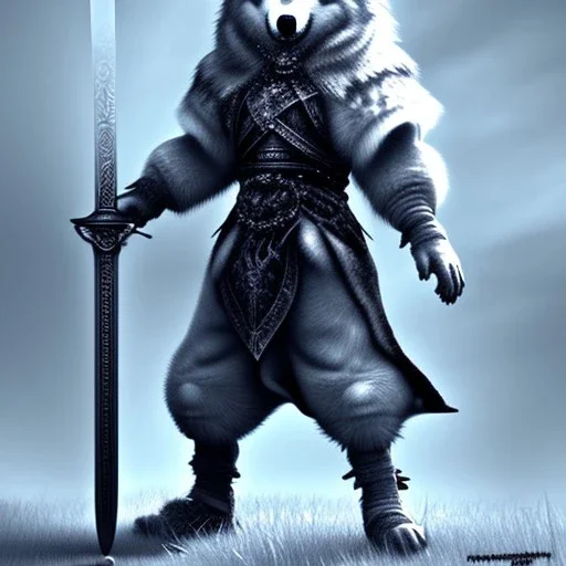 Sif the wolf, from Dark Souls, holding the sword from his mouth