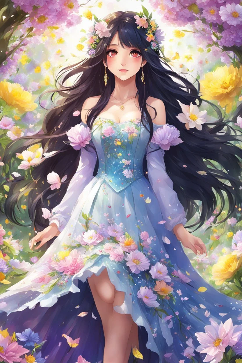 An anime girl with long dark hair and a dress of petals, adorned with spring flowers, was a vision of beauty amidst the mesmerizing spell of spring. highly detailed, digital art, beautiful detailed digital art, colorful, high quality, 4k