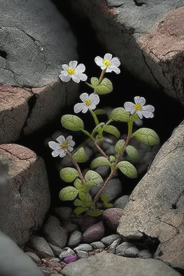 small beautiful flowers grow out of cracks in the grey stones and rocks