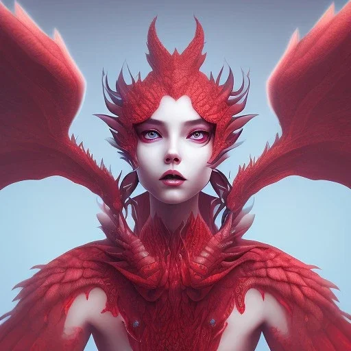 A full body portrait of a cute red dragon girl,smiling, wings, realistic scale skin