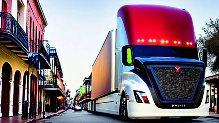 A Tesla semi-truck is racing at top speed, across the 'French Quarter' in New Orleans, Louisiana. CINEMATIC. WIDE ANGLE LENS.