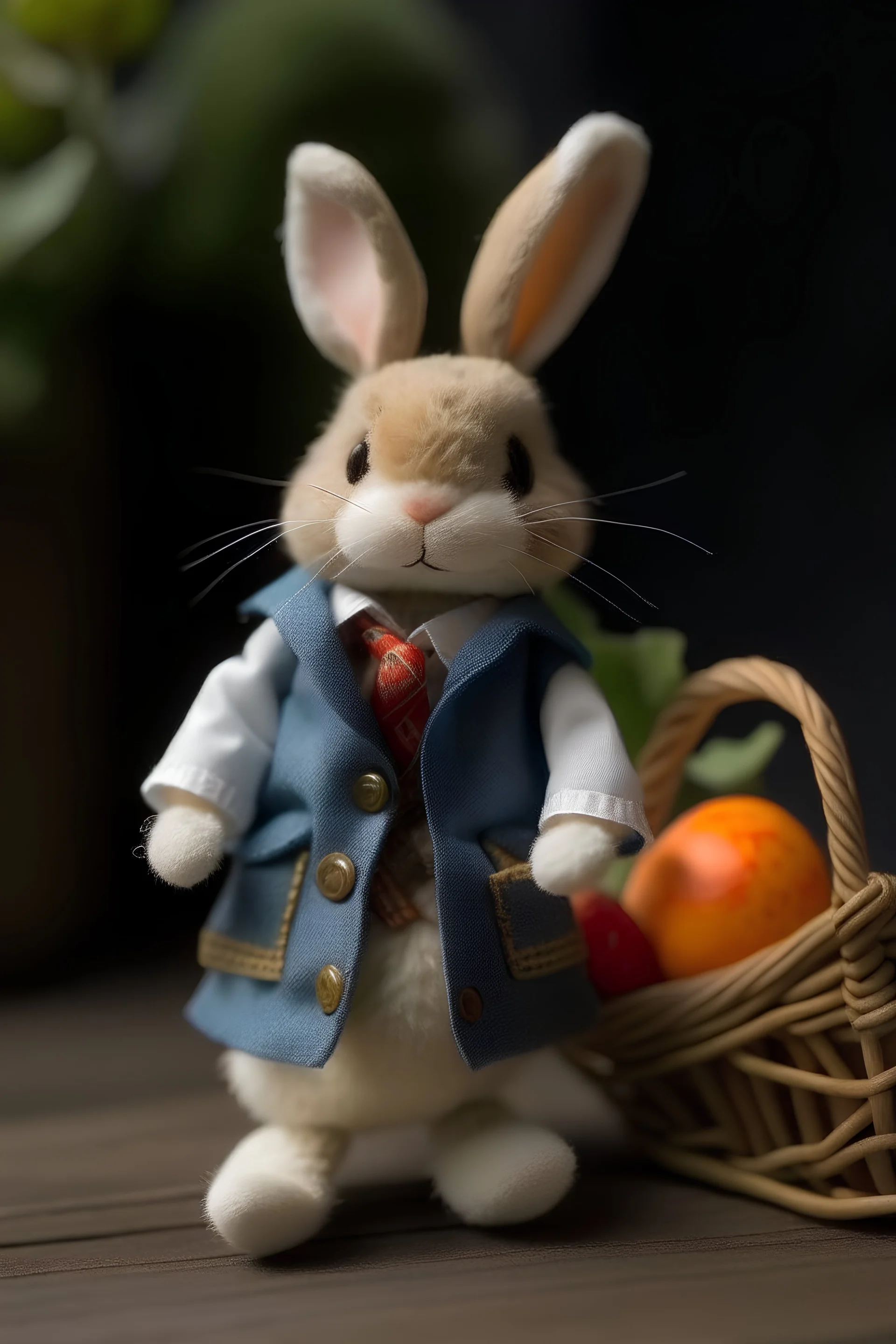 rabbit toy wearing clothes with a bag and bicycle.