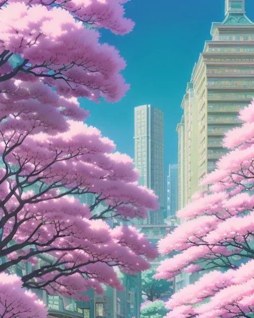 A beautiful ultradetailed anime illustration of a dreamy city boulevard with tall buildings during spring with sakuras by beeple, makoto shinkai, anime art, magical, sharpness, harmony, wallpaper, 4k, trending on artstation