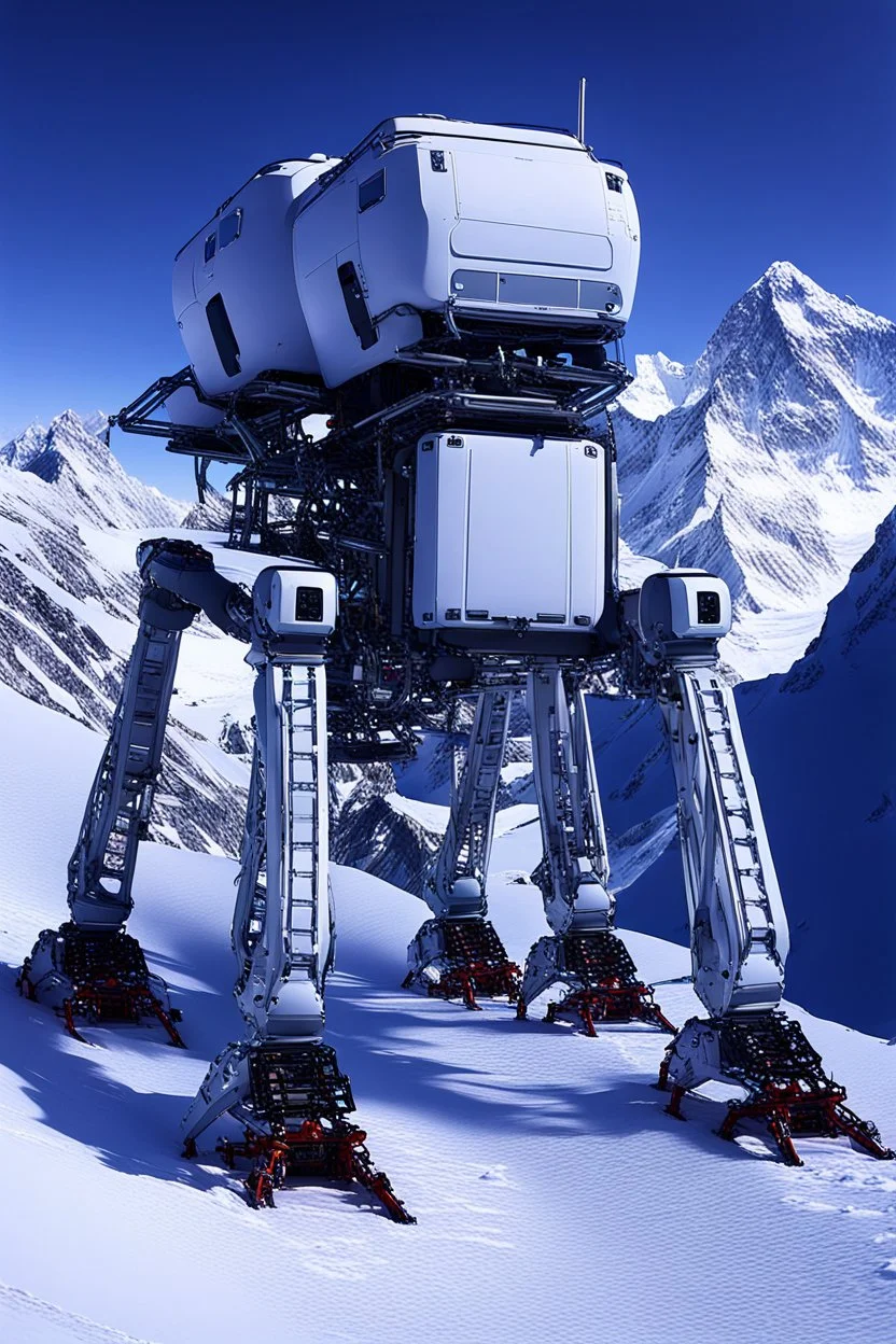 a sleek mechanical walker with eight legs scaling a very steep snow covered side of mout everest at night, it has a smooth surface, it has storage pods on its belly and humans can fit in the pods