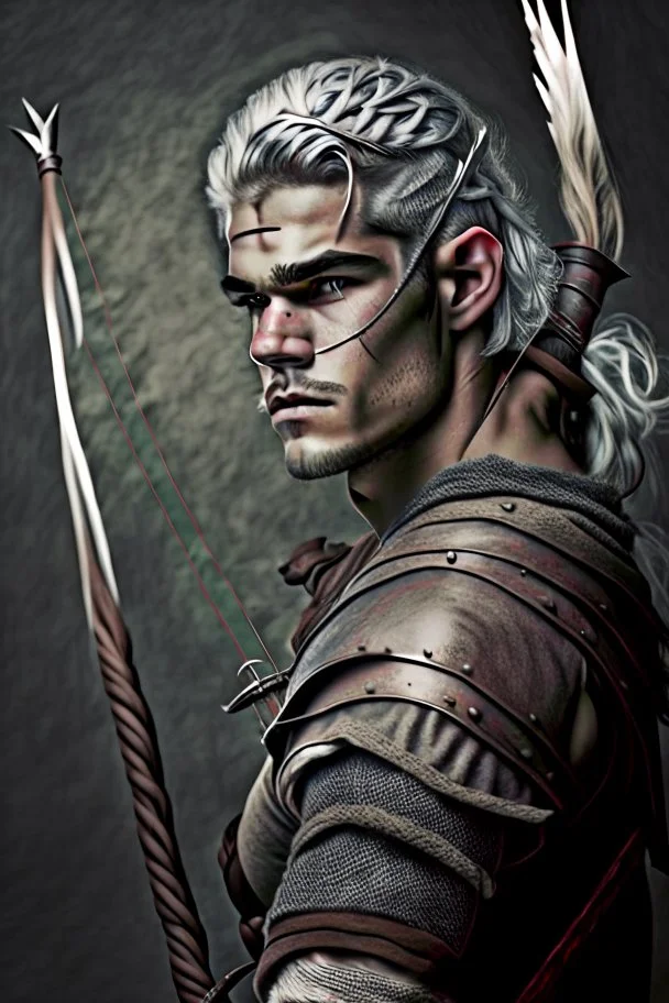 gladiator gray hair young medieval man with a longbow