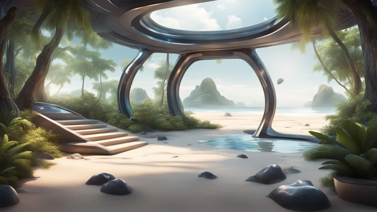 beautiful and shiny realistic beach near a forest garden inside a spaceship