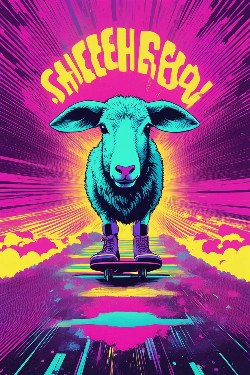 [psychedelic glitched acid trip] comic book cover, special issue on sheeps skateboarding