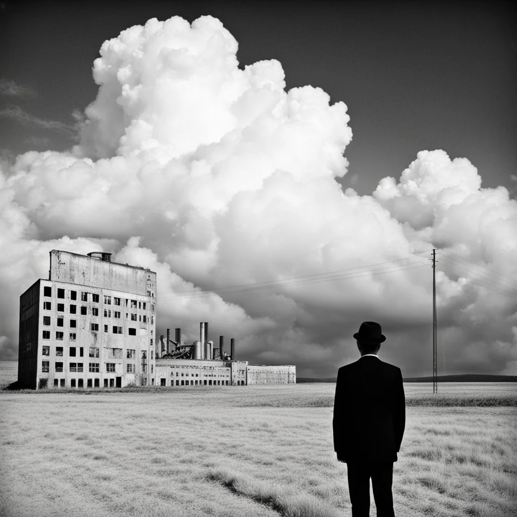 landscape ,minimal ,Photo with an old analog camera. Black and white. Part of a strange dream. white clouds wide plain The big building between them. like pink floyd landscape ,Abandoned factory ,from a weird dream captured with the first model of dreamrecorder by gnom industries inc