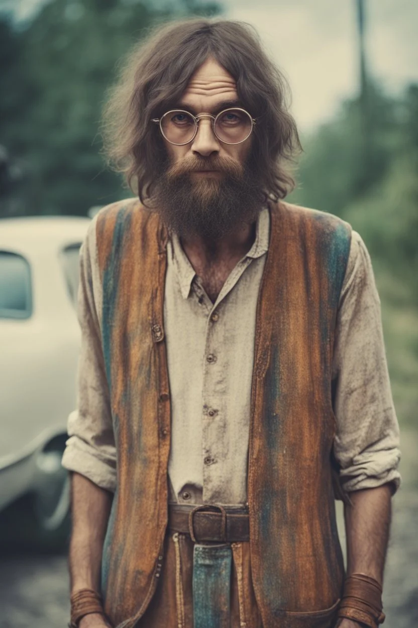 Hippie bohemian young ugly man with Parisian bohemian look and glasses of colours and poor and short short short and poor hair on the head with receding hairline. Farsightedness glasses with big eyes. Long beard. Vintage look and feel like photo styleof the 70s