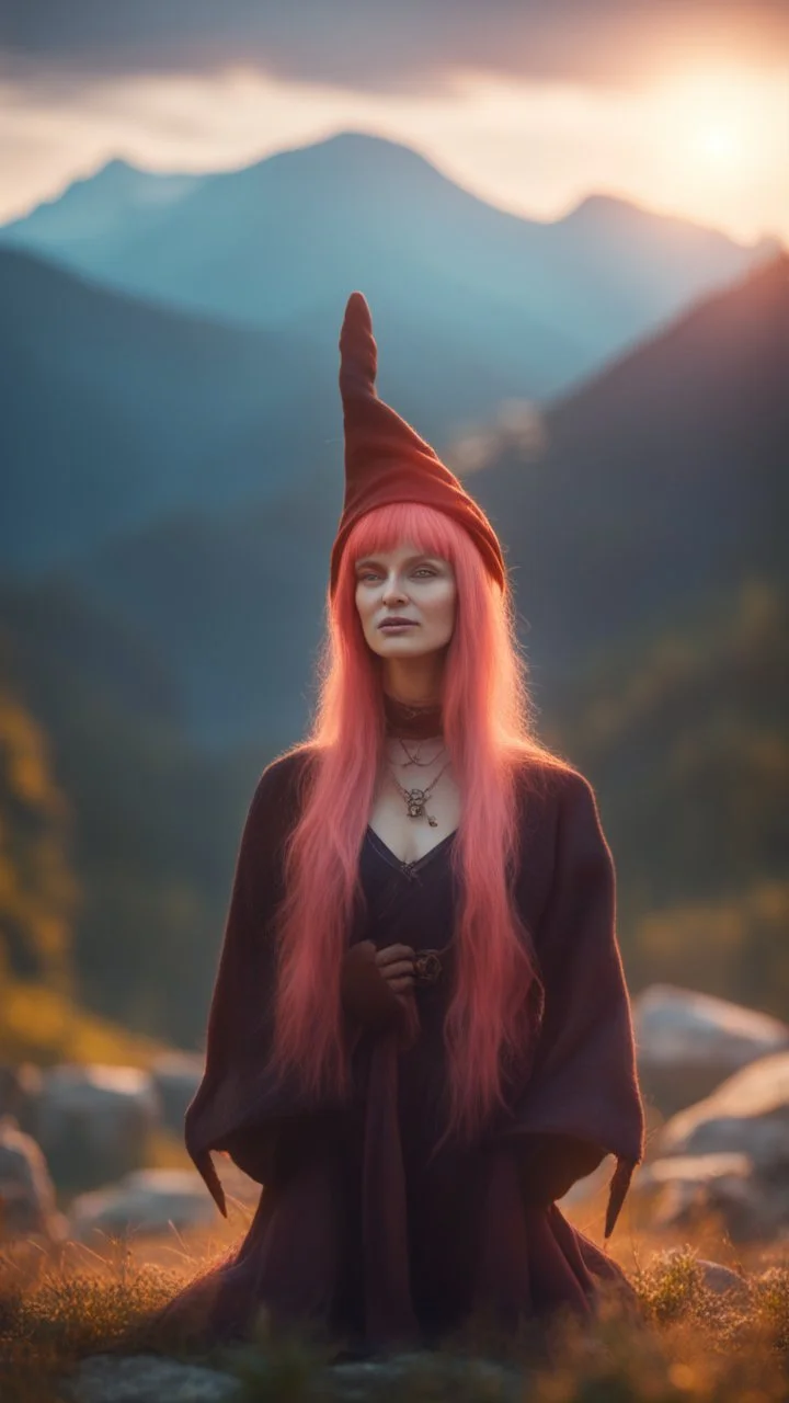 portrait of witch with wig as yoga Vampire walrus in carpathians montains sun set ,bokeh like f/0.8, tilt-shift lens 8k, high detail, smooth render, down-light, unreal engine, prize winning