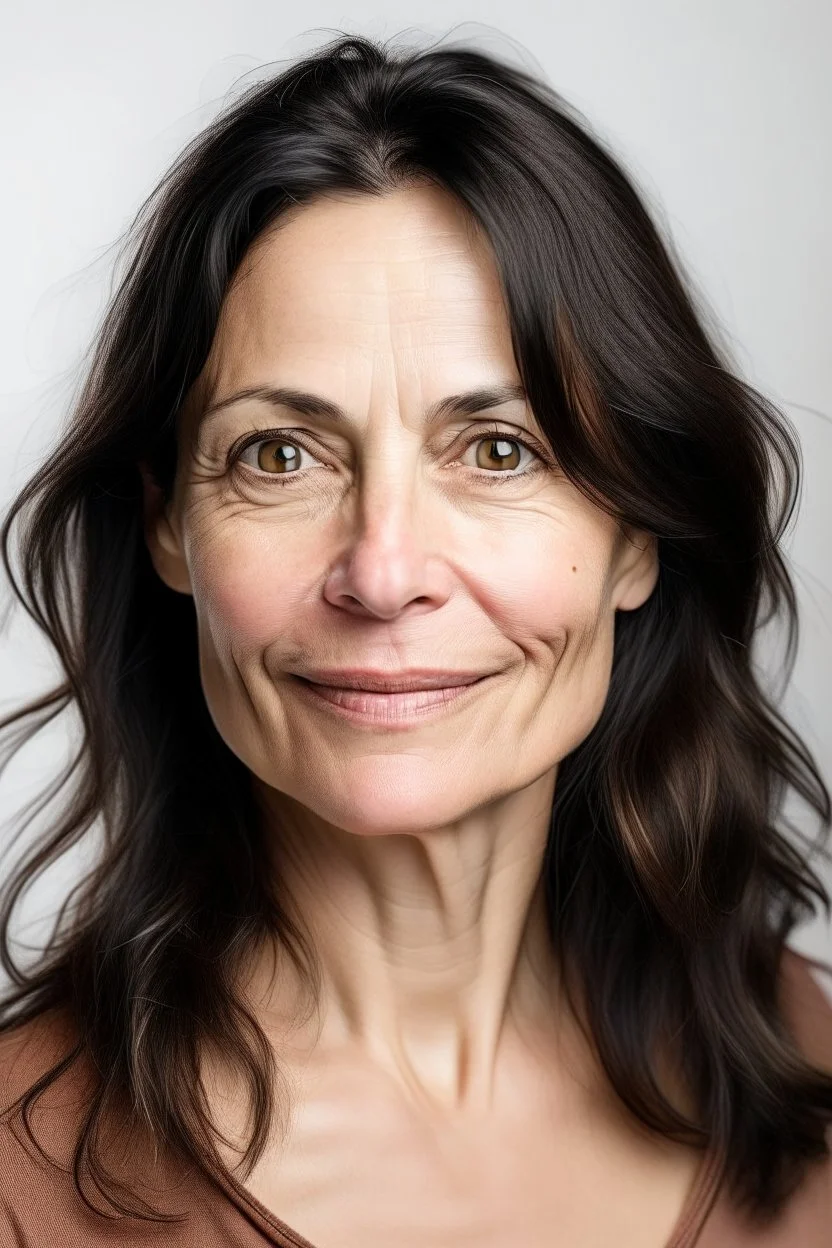 Stunning natural true colors professional photography showing an incredibly beautiful 43-year-old European woman on a white background. (She is mature but extremely attractive. (Upper body frontal view wearing a shirt ) (She has white skin, tousled black hair, a pretty face without makeup, big round brown eyes, cute profiled nose, detailed full lips with a smile.) She has appealing upright.