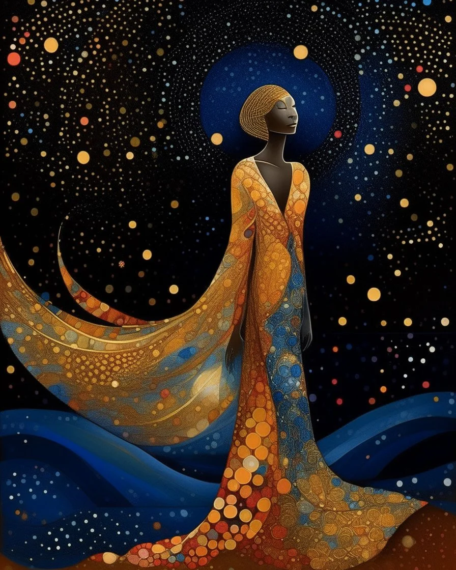 No corners drawing lines dots Kandinsky A full-body pretty African Asian moon goddess draped in flowing celestial fabric walks on water beneath a glowing full moon. Her gown unfurls like clouds, catching starlight and golden dust in the night air. The scene is surreal and divine, with painterly textures and a balance of shadow and illumination vertical Award winning imagery trompe l'oeil 3D surrealism masterpiece of Odilon Redon's dreamlike surrealism. kintsugi painting of abstract squares creat