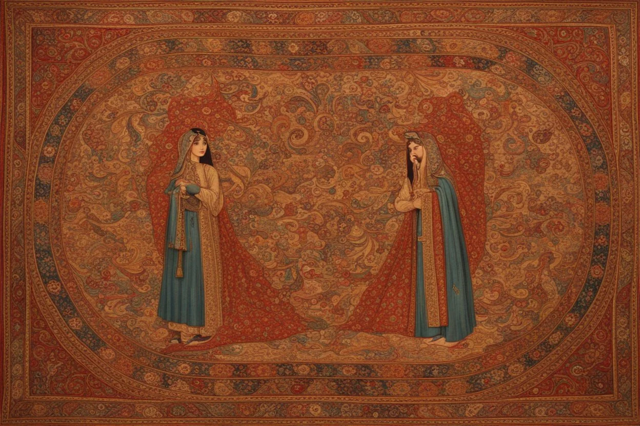 An intricate Iranian carpet from the Byzantine era in the center of the painting Beautiful gypsy girl.