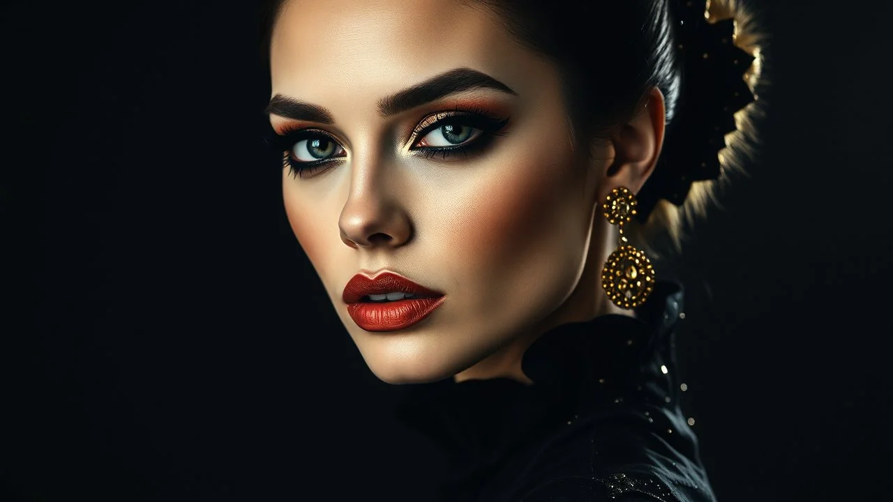 surreal fantasy magic fashion portrait, abstract art, surreal fantasy mixed media, raised amazingly beautiful fantasy fashion extravagant elegance lady portrait, film noir mood, cinematographic, dramatic, deep rich black colors, magic lighting, minimalism, few gold accents, vintage retro France mood,