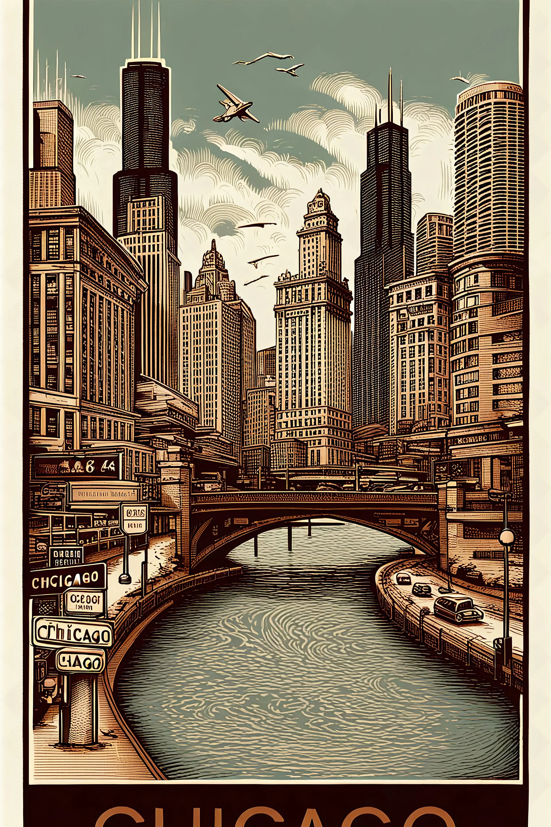 vintage-style woodcut illustration of Chicago's skyline featuring the Willis Tower (formerly Sears Tower) and other modern skyscrapers. The image has a sepia-toned color scheme with black and brown elements. In the foreground, a curved highway labeled "ROUTE 66" with vintage cars driving on it. Street signs reading "CHICAGO", "LAKESHORE DRIVE", and "MILLENNIUM PARK" are positioned in the upper portion. The illustration includes a bridge spanning across a body of water, with architectural details