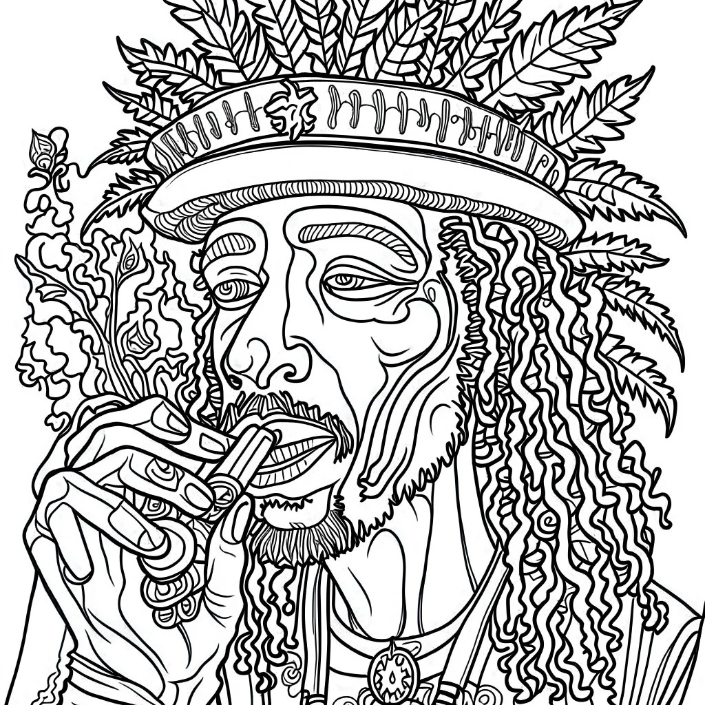 Coloring page for beginers, with "rastaman smoking marijuana", very Bold outlines and white background, cartoon style, minimal number of elements, very simple, not very detailed