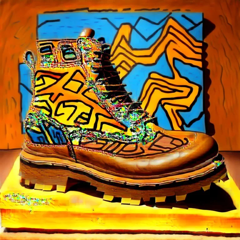 brown moutain shoes , art, oil drawing, bright, keith haring, picasso, masterpiece