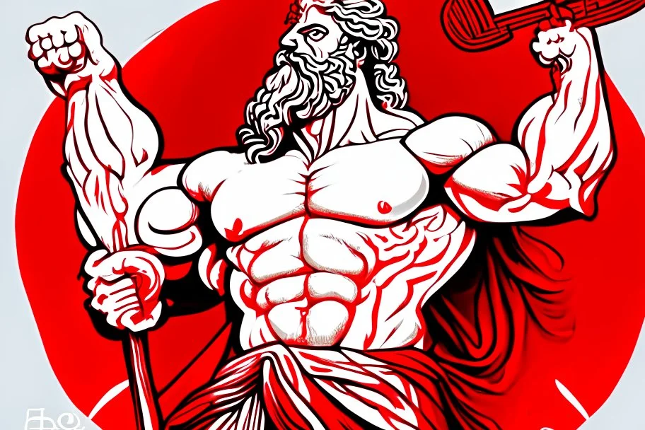 Detailed illustration of Greek god Zeus holding a red bold in het left hand and white bold in right hand. Detailed, Strong, Powerful.