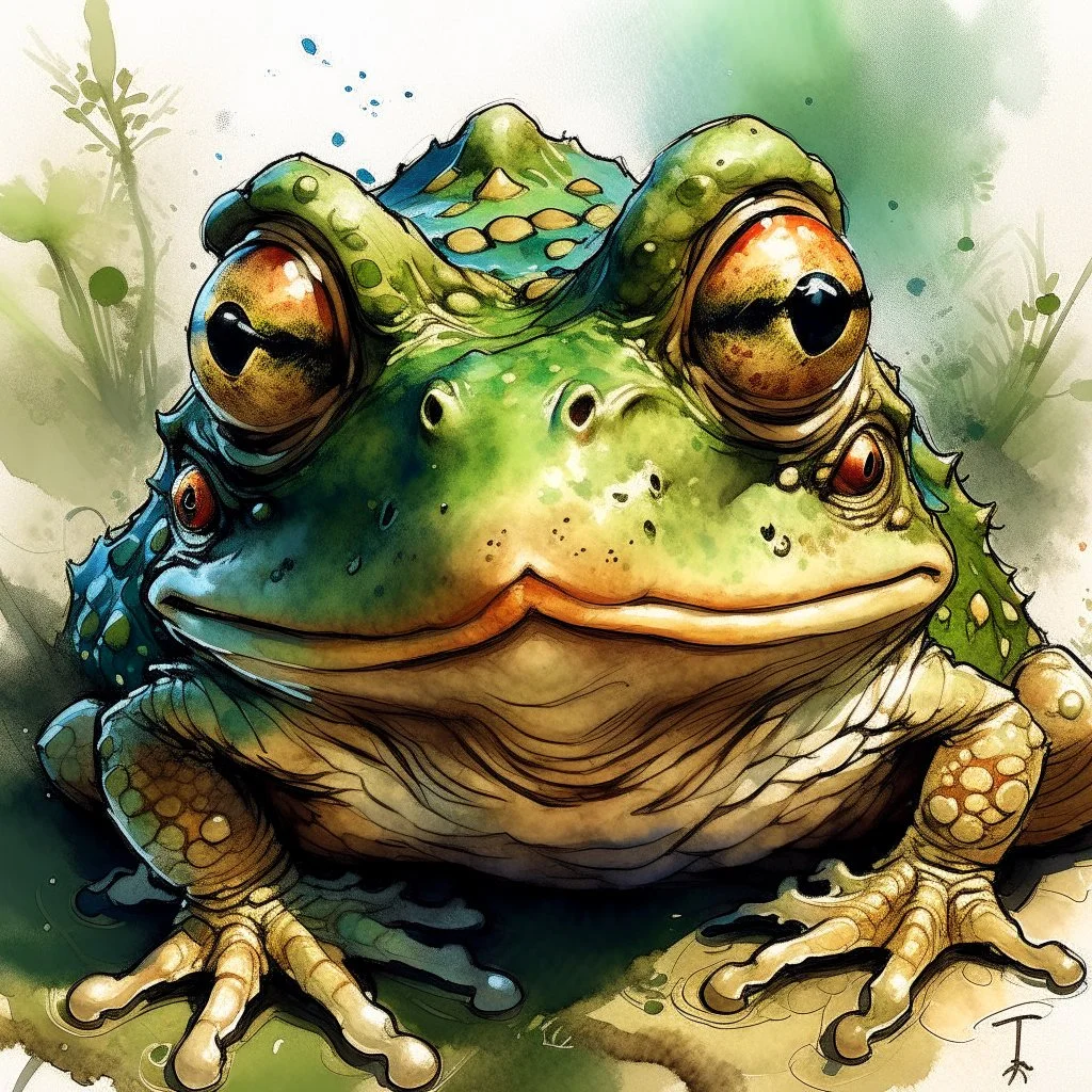 dnd, fantasy, watercolour, humongous strokes, stylistic, portrait, illustration, furry, frog , personable face