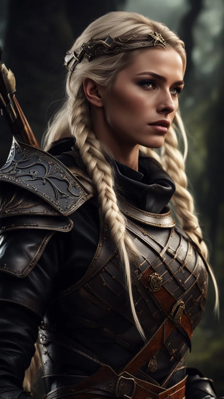 blonde female hunter with a bow wearing leather half armour dark fantasy Realistic 4k