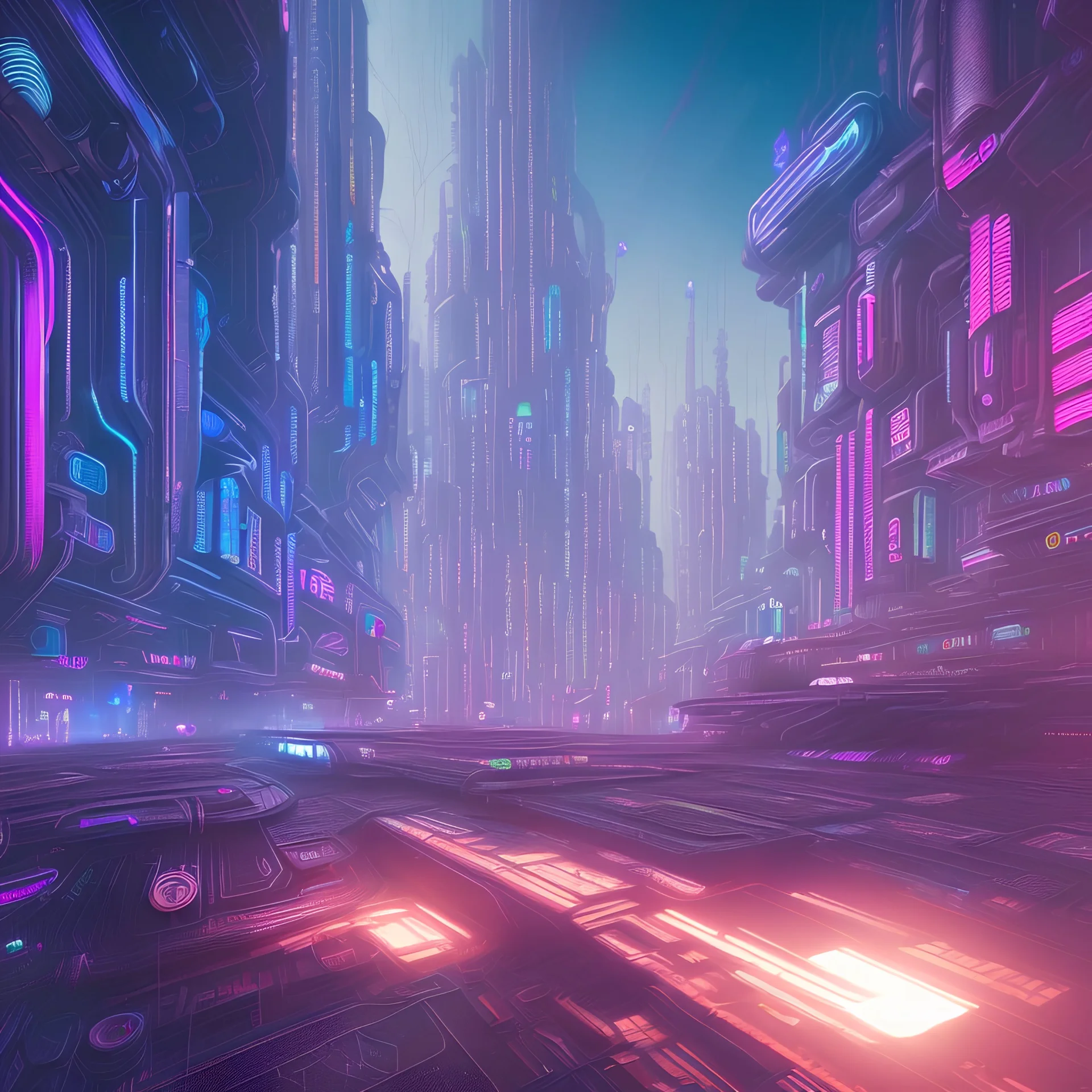 photo quality, unreal engine render, highest quality, vivid colors, volumetric lighting, cyberpunk, steampunk, vaporwave, deep colors in a bright setting background, futuristic organic city,