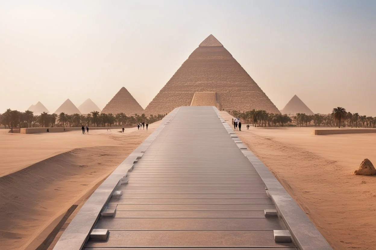 modern tourist walkway with giza pyramids