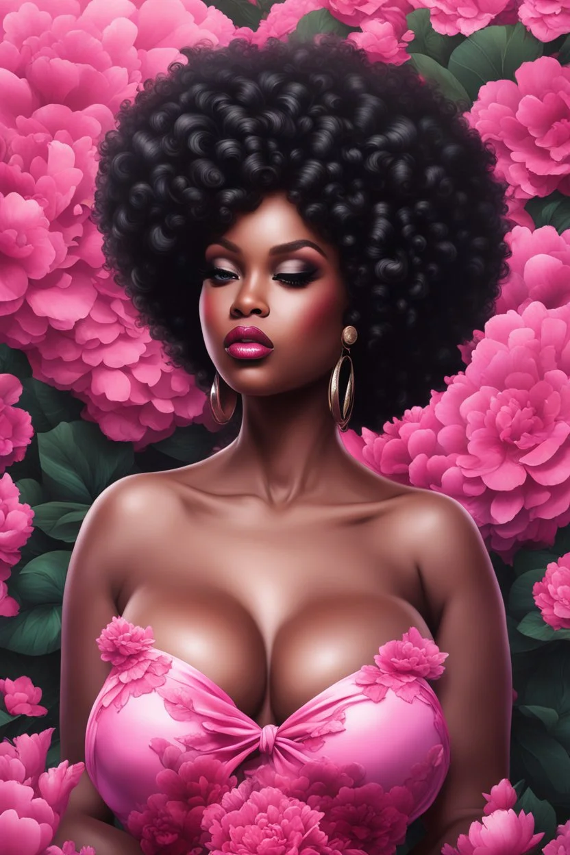 Create an urban art style image of a curvy black female wearing a pink off the shoulder blouse and she is looking down with Prominent makeup. Highly detailed tightly curly black afro. Background of large pink and black flowers surrounding her