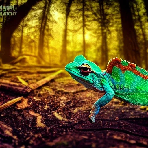 cute baby chameleon in a glowing enchanted forrest, view from the distance, cinematic, HDR, 8K, extremly detailed