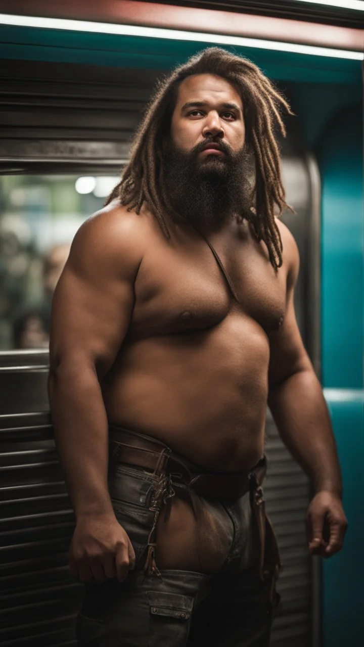 full figure photography of an ugly dirty gipsy burly muscular chubby stocky strong man 31 years old with raided beard, dreadlocks, manly chest, hairy , ajar mouth, photorealistic ,shirtless, bulging shorts, side light, inside a crowded subway station , neon lights