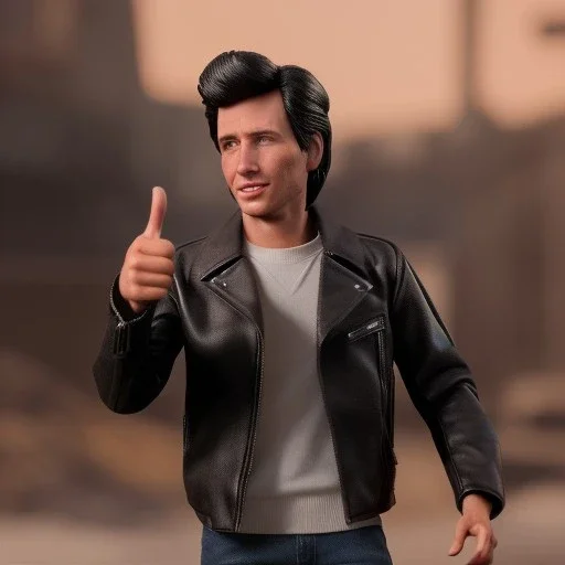 wide view young FonzIe with black hair greaser figure doll 1975 (thumbs-up) (face) Forehead grin, fonzarelli, ((arnold's drive-in)) fonzie