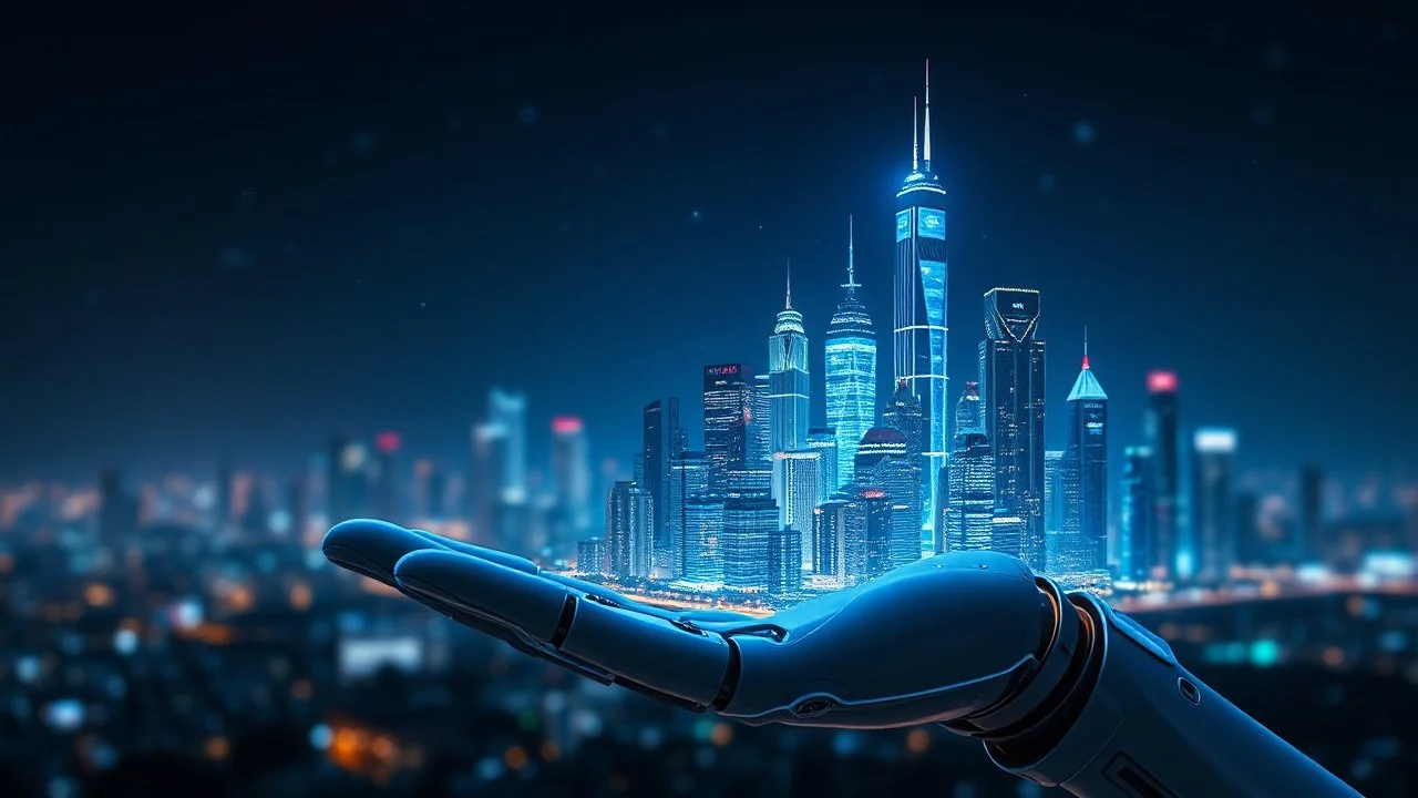 a huge modern city as build In the open robotic hand ,blue sifi ,stars in dark night sky in blury background