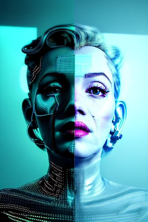 Ultra Realistic image, portrait, blonde woman, Marylin Monroe face, perfect iris, glow eyes, glow makeup. Cyborg, Cyberpunk, ex machina style, wires connected, oversized tight latex dress. fog, rain, soft color, highly detailed, unreal engine 5, ray tracing, RTX, lumen lighting, ultra detail, volumetric lighting, 3d, finely drawn, high definition, high resolution.