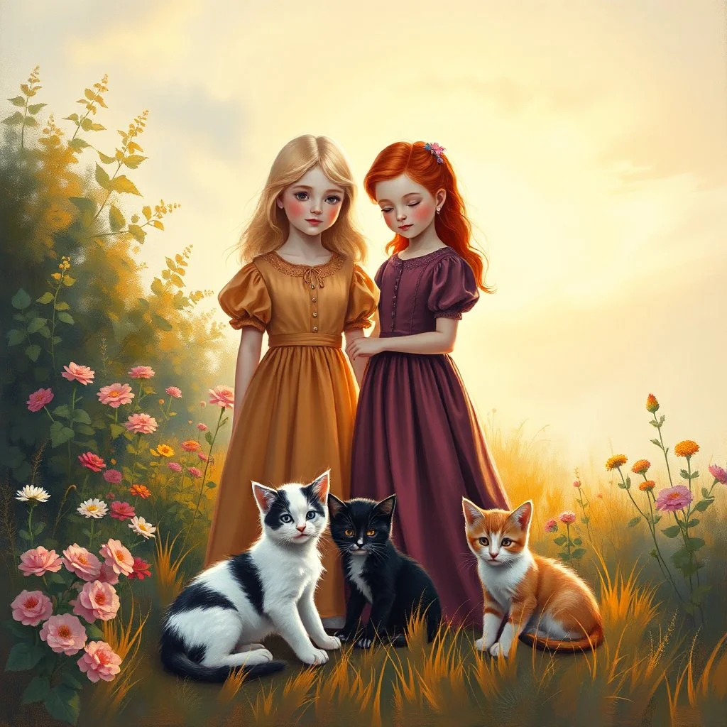 An elegant vertical painting suitable for a children's book cover or poster. Two young girls — one blonde, one redhead — in richly colored vintage dresses stand in a garden glowing with sunset light. Around them, three kittens rest peacefully: black, white, and ginger. The background shows softly glowing sky, flowers, and golden grass. The top third of the image is softly faded with light bokeh, creating space for a Hebrew or English title. The texture includes brush strokes, light craquelure, a