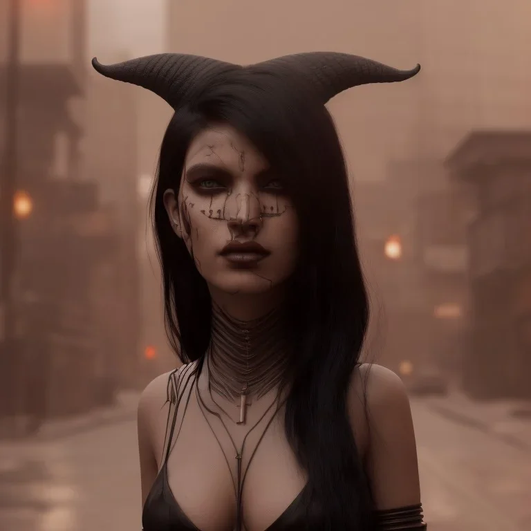 A black-haired tribal woman with demon horns standing on a sidewalk in a cyberpunk city