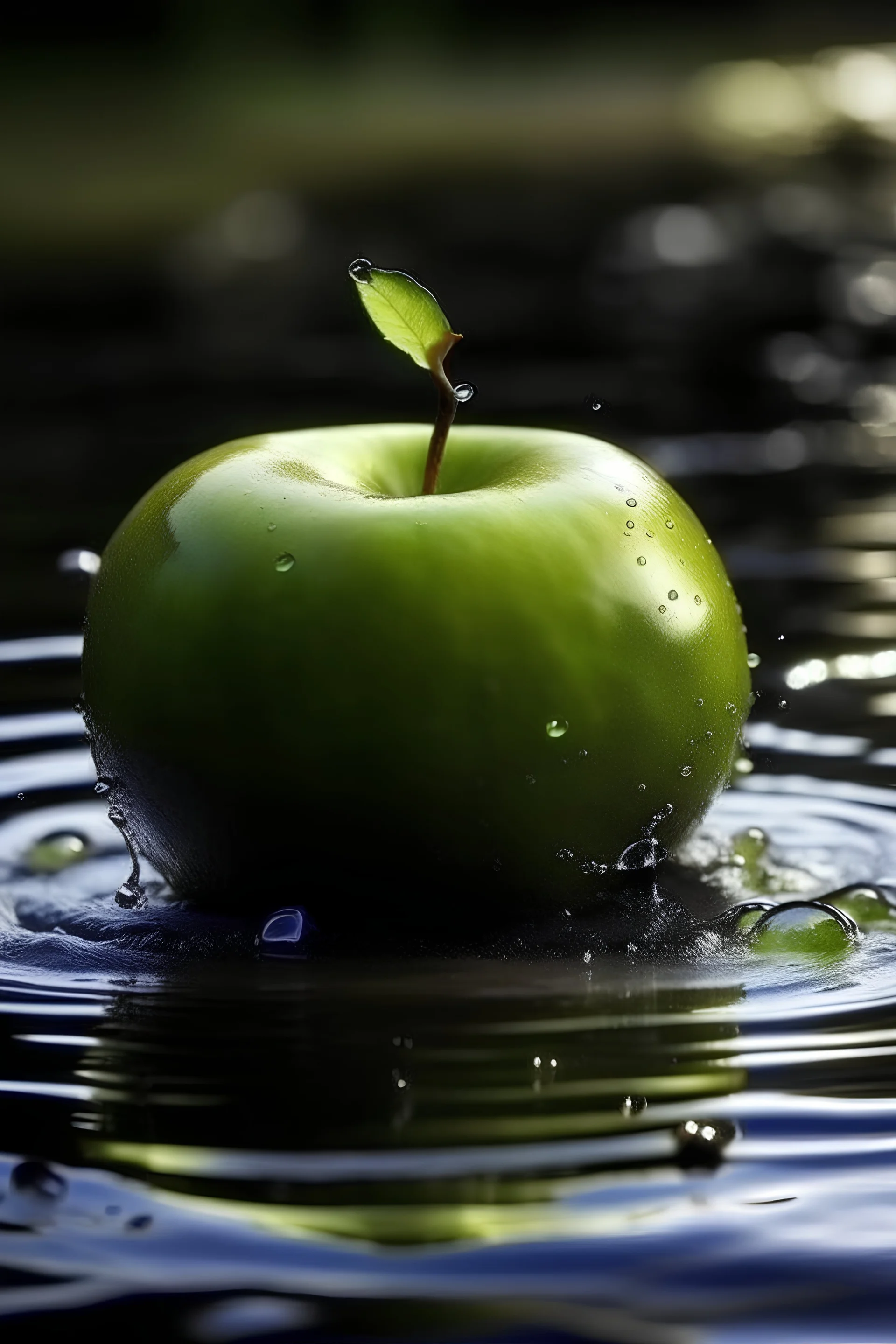 A green apple that fell into the water. The moment of drinking water