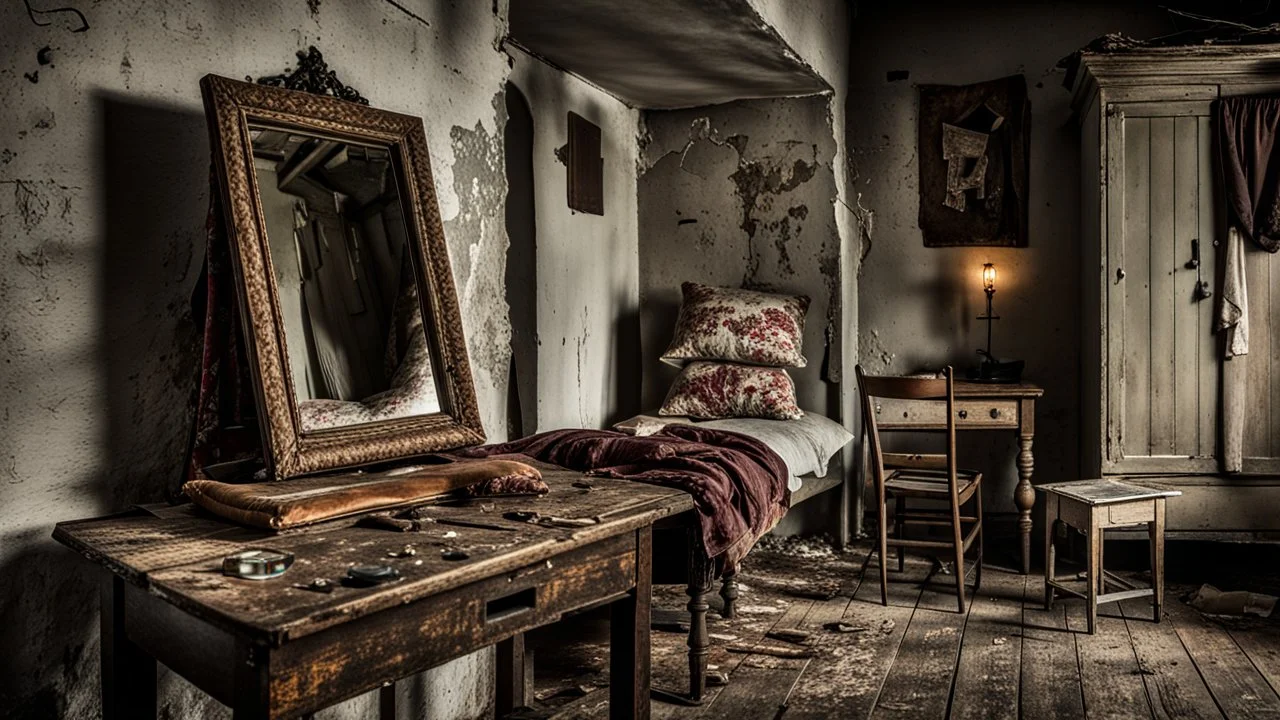 A stunning, high-resolution photo capturing the essence of a small, poverty-stricken European village room. In the foreground close up an old, broken, cracked mirror rests on a vintage wooden table, reflecting the dimly lit space. A narrow, vintage bed with large pillows at the end stands in the background, accompanied by an old wardrobe. A small table by the wall holds a kerosene lamp, casting a warm glow on the simple, worn furniture. on the wall hangs a painted image hang of the Virgin Mary