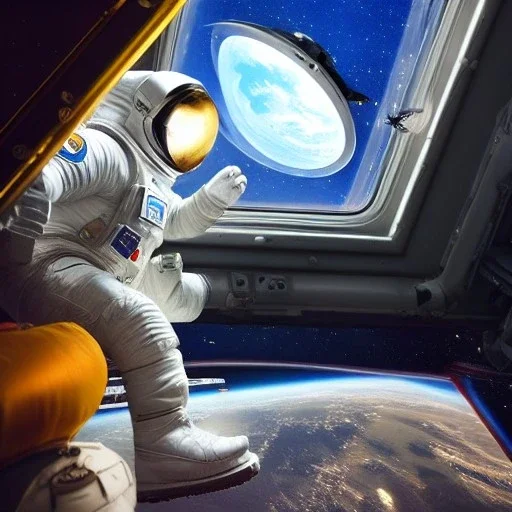 hyper-realistic astronaut floating in space with cat inside ship looking at astronaut from port window, 8k resolution, high-quality, fine-detail, detailed matte, intricate, 3D octane render, illustration, digital art, brian froud, howard lyon, anna dittman, greg rutowski,