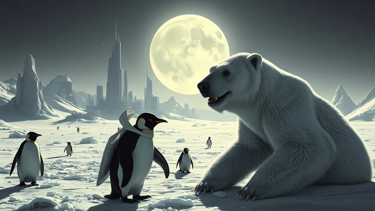 buster keaton as unstable polar growlar bear on the planet of Ceres, with some penguin astronauts, in front of ice megapolis