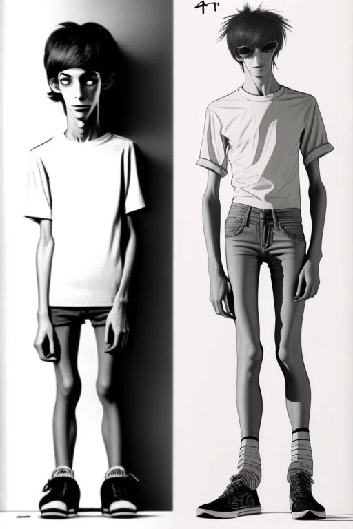 concept art skinny boy 20 years, 1970, mimic on top of him