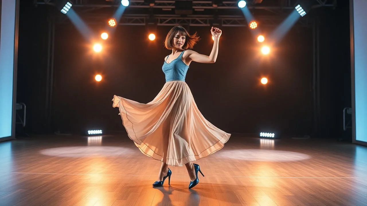 agA full body shot of a very beautiful lady with makeup and bob hair, wearing a pretty long skirt and blue heels, dancing gracefully on a modern stage with dynamic lights. The ime employs strong, hard light and a blurred bokeh effec