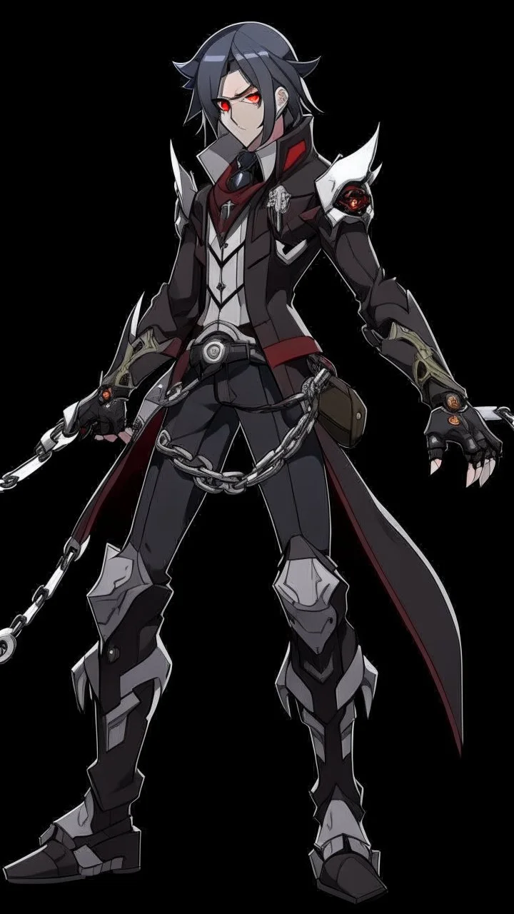 Genderbent female Wriothesley from Genshin impact , 8k , full body , cool background, no weapons , chains on fist , has tufted black hair with grey streaks, pale grey eyes, and pale skin. He bears a scar beneath his right eye; three scars extending from high on his neck down to his mid-chest, with one on the right, one on the left, and one along the midline; and scars on his left and right forearms. cute pose, hyper realistic, upscaled