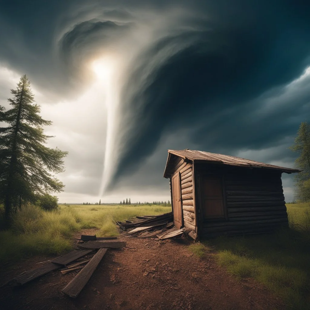 Pov: the open door to the sky a girl laugh and stretches out her hand, a tornado carries the wreckage of a scary cabin. the effects of dust and strong winds flow dramatically. scene funny.