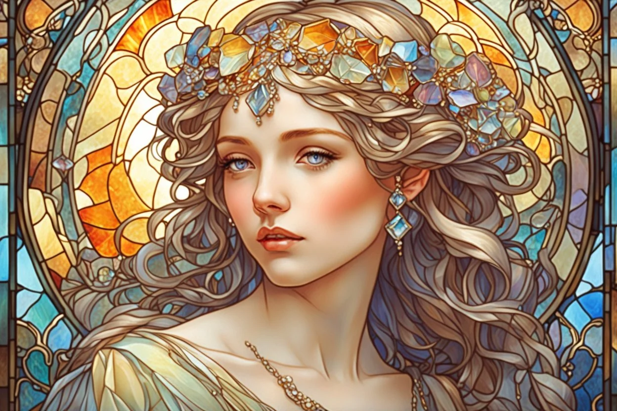 Stained Glass beautiful girl with jewels, pastel colors, in sunshine elegant extremely detailed very attractive beautiful dynamic lighting colourful Alphonse Mucha