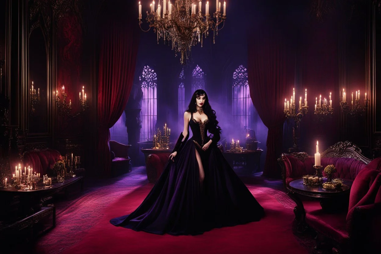 [Vampirella in the back of the scene] A decadent gothic mansion interior during a surreal psychedelic night party, candlelight everywhere, drifting incense smoke, velvet drapes in deep crimson and violet, baroque furniture, guests in dark aristocratic clothing moving dreamily. At the center stands Vampirella — a tall, striking woman with long flowing black hair, pale porcelain skin, and intense dark eyes. Her features are sharp, sensual, and almost supernatural in elegance. She stands slightly a