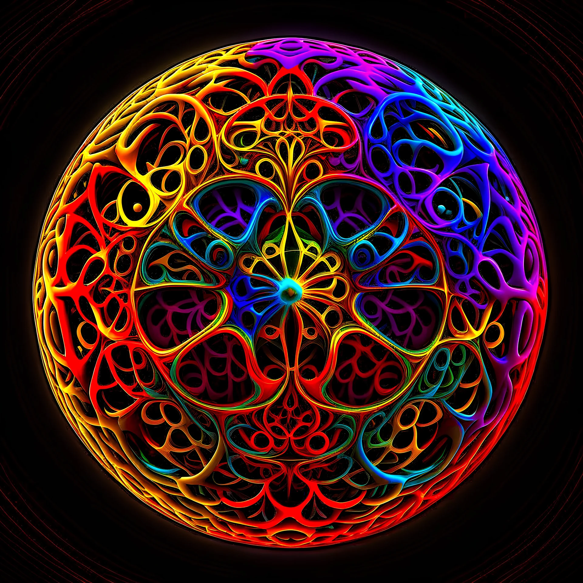 detailed colorful subtractive sphere fractal design showing a glow from inside.