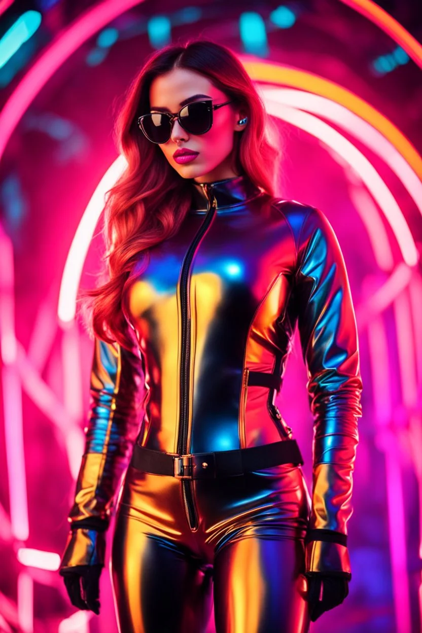 Super model pretty girl ,fashion style,latex suit,good body, headphone with sunglasses colorsfull ,background neon light