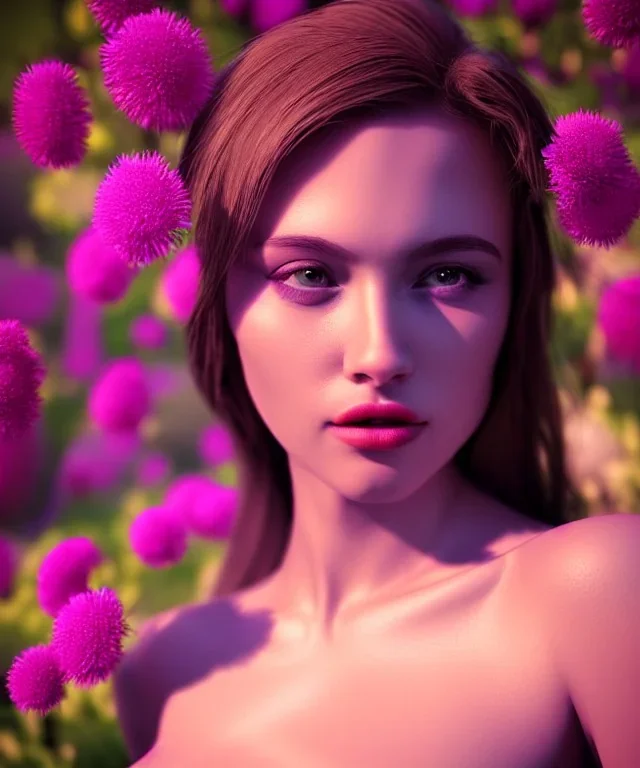 Realistic detailed perfect face portrait of a insane young beautiful woman top model in short open dress. Sensual, volumetric lighting, Unreal Engine 5, 3D Animation Quality, Octane Rendering. A masterpiece. There are water, flowers, vivid colors.