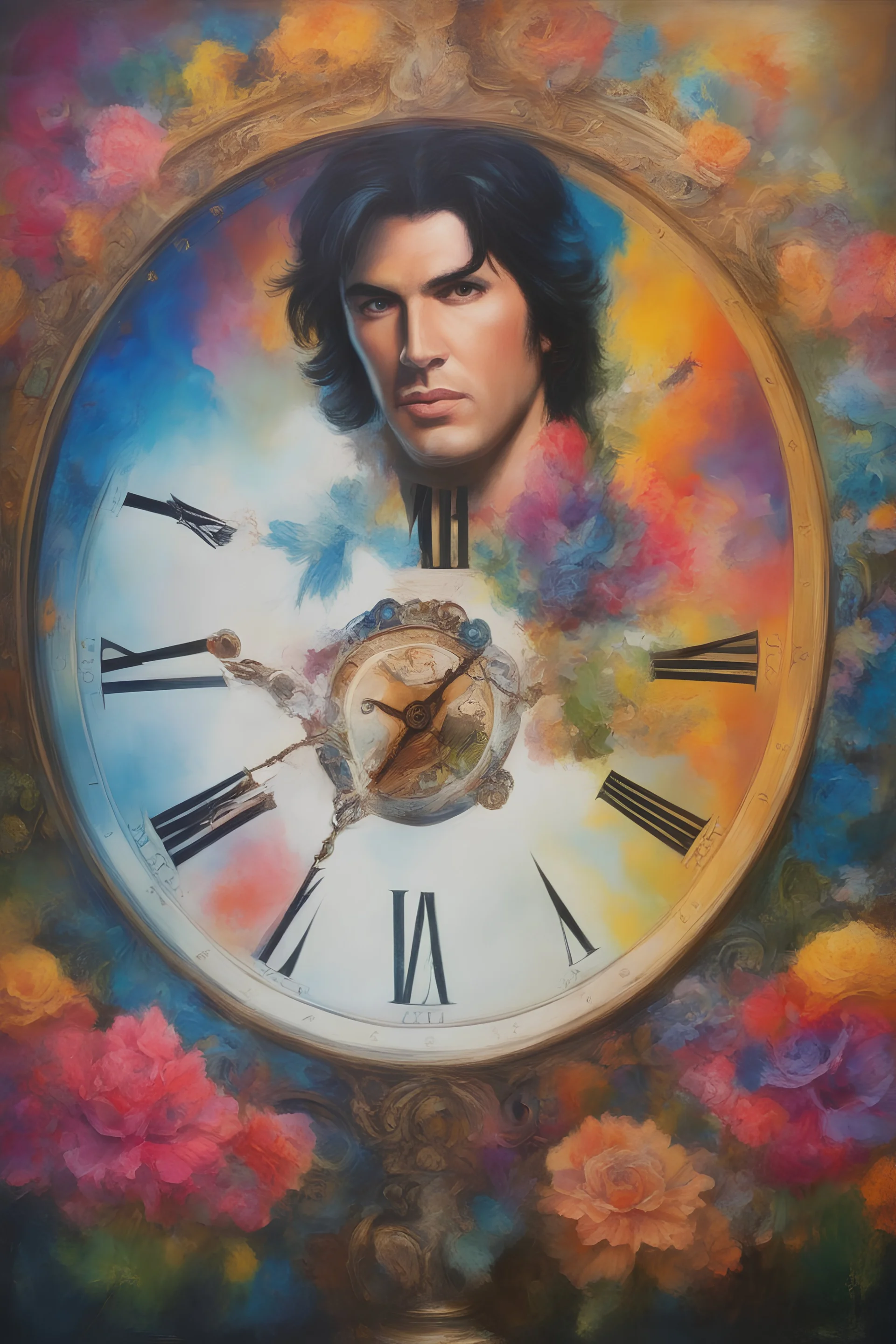 Hickory Dickory dock the man ran up the clock, Paul Stanley/Elvis Presley/Keanu Reeves/Jon Bernthal, multicolored, large, Floral/rainbow designs, atmospheric, beautiful, oil painting by Boris Vallejo, 4k UHD, Photorealistic, professional quality