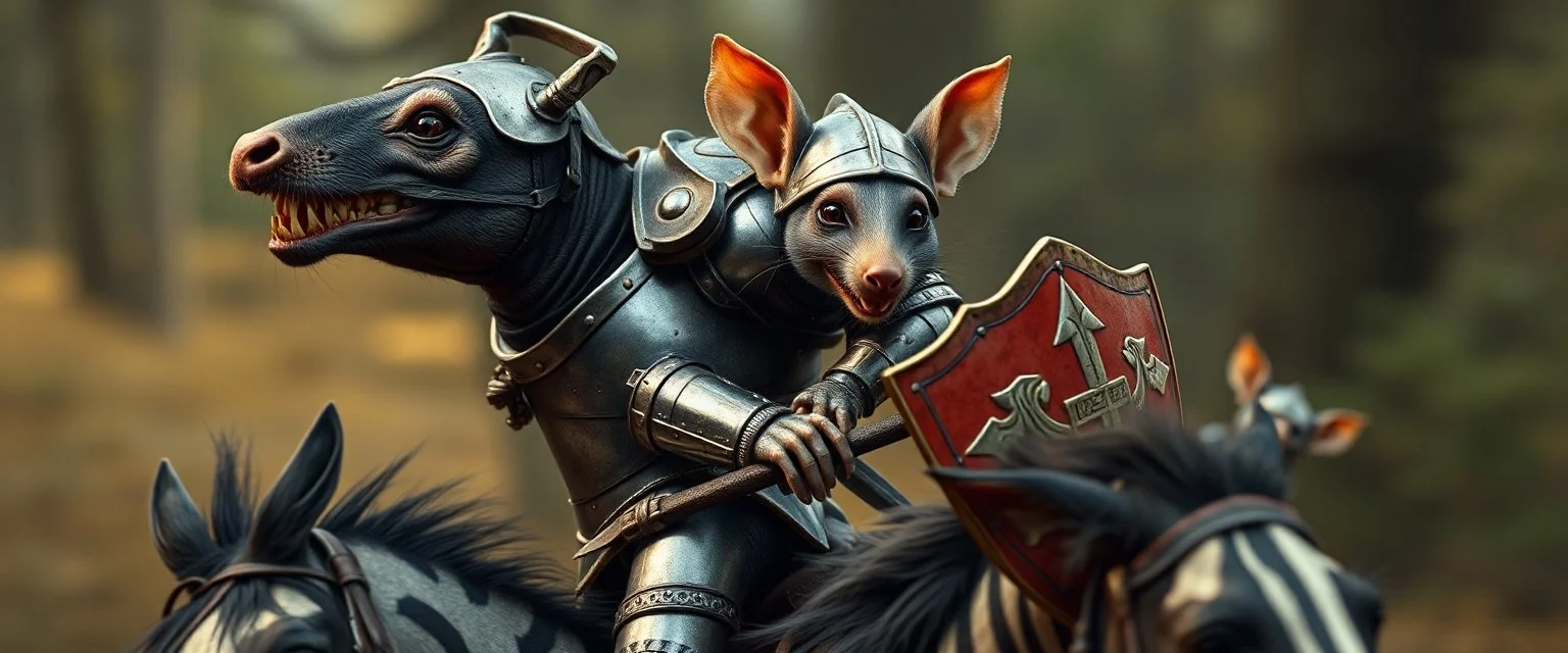Close up on mouse. Horse jumping over a mote. Background blur. Fast Chase. The Large Gremlin with knights metal full armor, chest plate, leather in the back, helmet, and small sword and a red shield, smiling wide with white teeth, and sitting atop a weird striped horse, in the Style of Rembrandt and Fallout 4(Fantastical Mouse/Rat Gremlin Count) This creature blends realism with fantasy, appearing as a mythical forest dweller